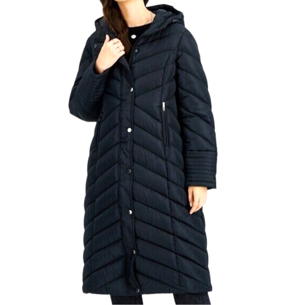 Steve Madden Long Quilted Hooded Puffer Coat in Black